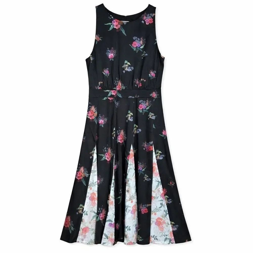 Ted Baker Floral Midi Dress Sleeveless A-Line Black Women 4 Romantic Chic